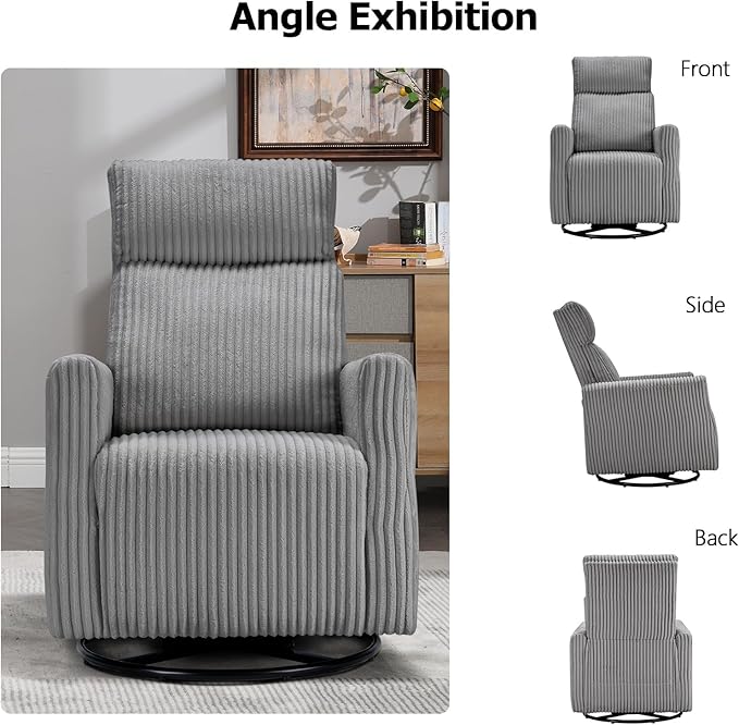 CANMOV Swivel Rocker Chair for Nursery, Swivel Accent Chair with High Back and Arms, Corduroy Glider Chair for Living Room Bedroom Nursery, Grey