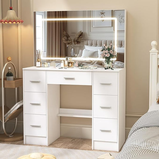 Vanity Desk with Mirror and LED Lights, 40" W Makeup Vanity Desk with 7 Drawers and Super Large Mirror, Derssing Table with 3 Color Modes and Adjustable Brightness, Modern Makeup Table