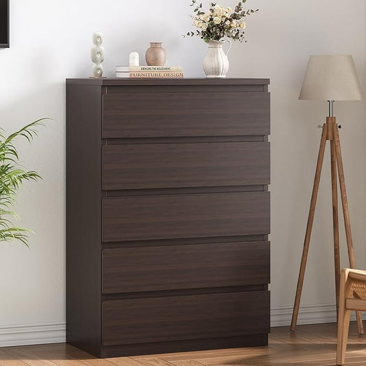 Modern Brown 5 Drawer Dresser for Bedroom, Simply Chest of Drawers, Wood Storage Dresser with Deep Drawers for Living Room Hallway Entryway, Brown
