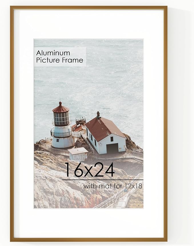16x24 Frame | 16x24 Poster Frame With Mat For 12x18 | Metal Aluminum Picture Frame With Tempered Glass | Minimalist Modern Poster Frame | Hanging Hardware Included | Bronze