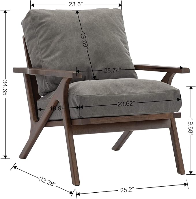 Wahson Mid Century Chair, Upholstered Accent Armchair, with Wood Frame and Canvas Cushions, Leisure Slipper Chair for Living Room/Bedroom, Grey