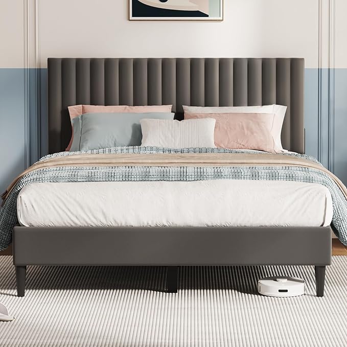 Casaottima Queen Bed Frame, Velvet Upholstered Platform Bed with Headboard, Strong Wooden Slats Support, Noise-Free Mattress Foundation, No Box Spring Needed, Easy Assembly,Vertical Stripe Smoky Grey