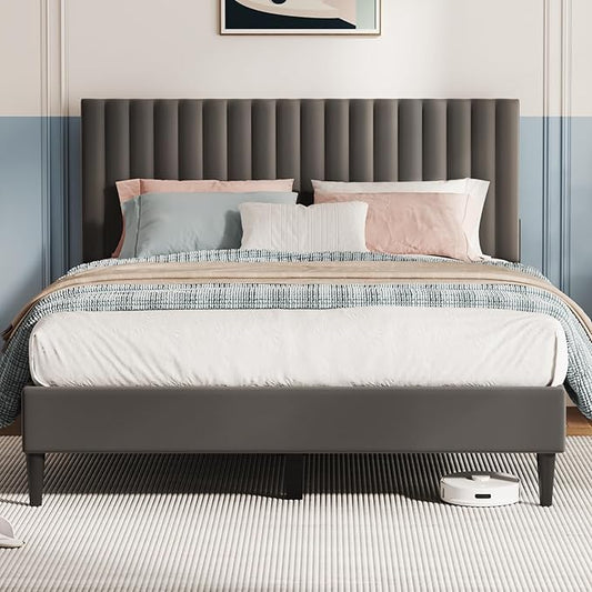Casaottima Queen Bed Frame, Velvet Upholstered Platform Bed with Headboard, Strong Wooden Slats Support, Noise-Free Mattress Foundation, No Box Spring Needed, Easy Assembly,Vertical Stripe Smoky Grey