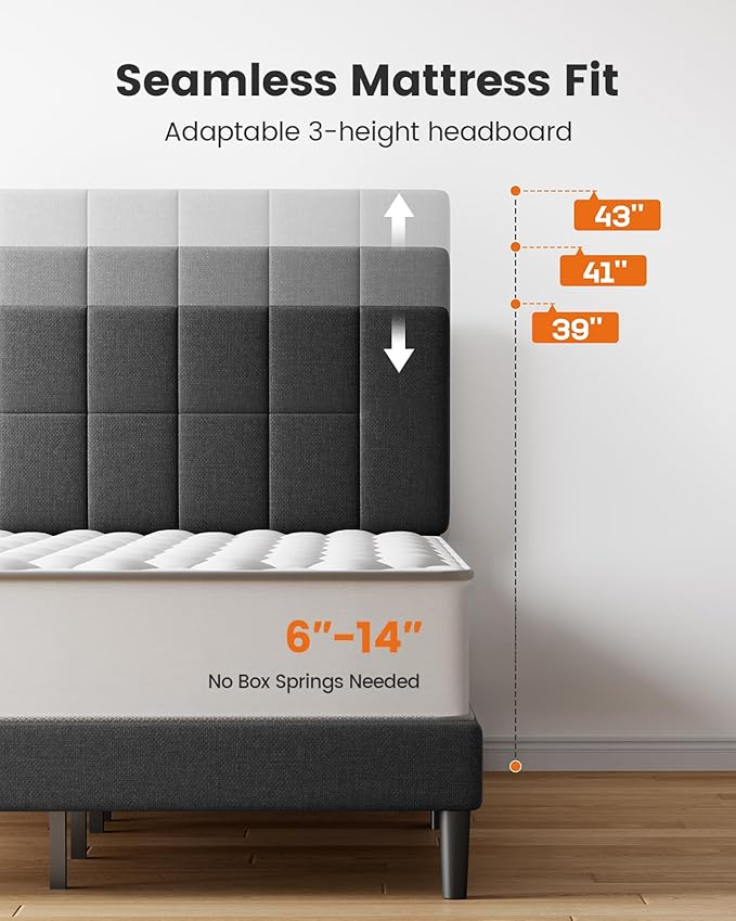 Pipishell Queen Bed Frame with 12 Thickened Legs&Fabric Upholstered Headboard,1300 lbs Strong Weight Capacity, Adjustable Headboard, No Box Spring Needed, Easy Assembly, Underbed Storage（Solid Wooden）