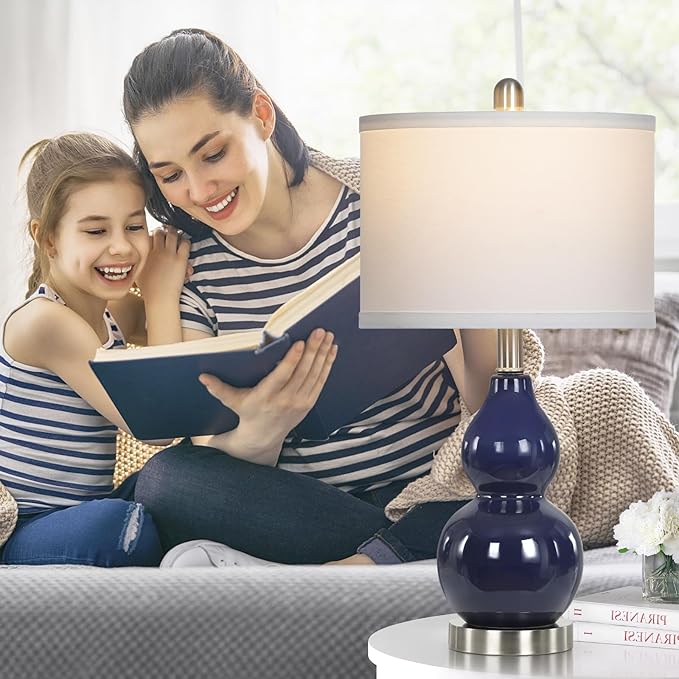 Double Gourd Ceramic Table Lamps Set of 2, Modern Navy Blue Bedside Lamps for Night Stand, Contemporary Nightstand Lamps for Bedroom Living Room (Bulb Included)