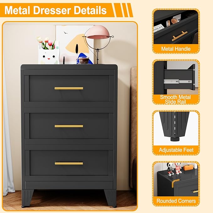 Metal Dresser Narrow Dresser for Bedroom Chest, 35.43" H Drawer Chest, Closet Dressers & Chests of Drawers for Living Room, Hallway (3 Drawers Black 24inch Wide)