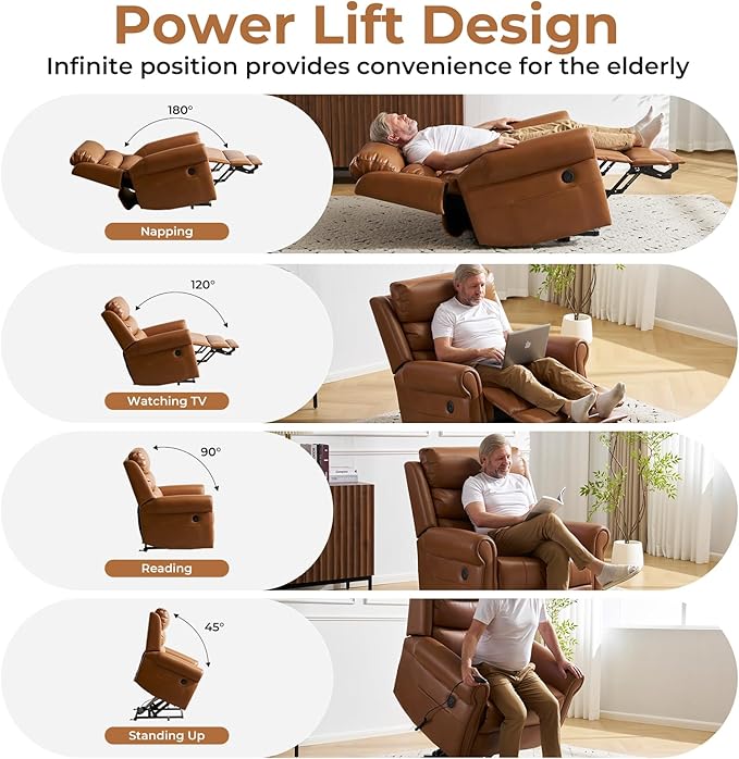 Power Lift Recliner Chair for Elderly with Adjustable Headrest, Oversized Lay Flat Recliner with Massage and Heat,28" Extra Wide Lift Chair for Big and Tall,Infinite Position,Extended Footrest, Camel