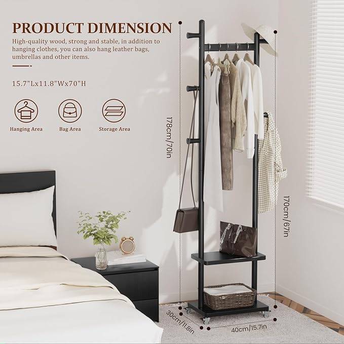 Solid Wood Coat Rack Freestanding Clothing Rack with Wheels & 2 Shelves Storage & 5 Hooks Heavy Duty Clothes Rack Wood Coat Tree Stand Hat Hanger Rack for Corner Bedroom Entryway Living Room Hotel
