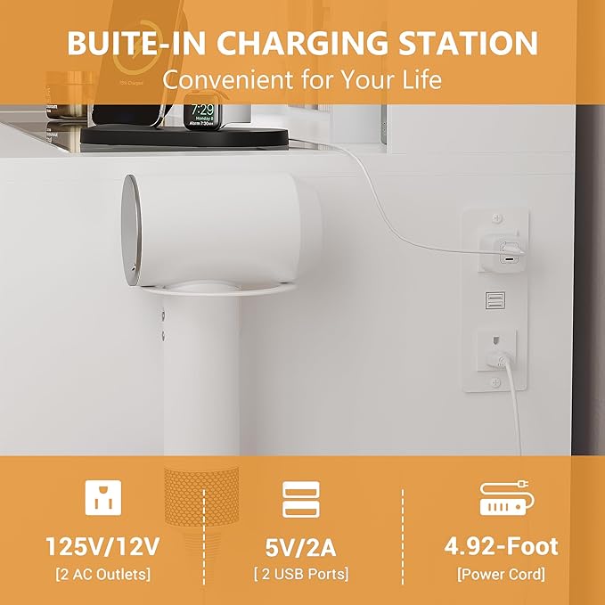 White Vanity Desk with Mirror and Lights, Glass Top Vanity with Lighted Mirror & RGB Glass Cabinet and 3 Drawers, Makeup Vanity Desk with Lights Dressing Table for Bedroom, 3 Color Modes