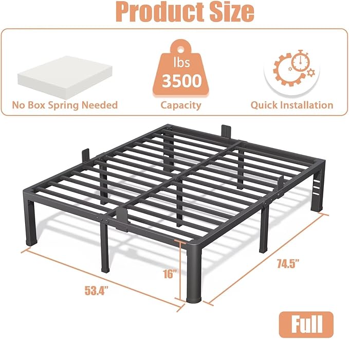 18 Inch Full Bed Frame with Rounded Corner and Headboard Hole Mattress Retainers 3500 lbs Heavy Duty Support Metal Platform Bed Frame Noise Free No Box Spring Needed Easy Assembly
