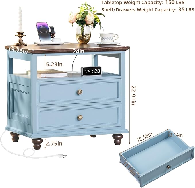 Farmhouse Nightstand with Charging Station, 24" Wide End Table with 2 Drawers, Light Blue Dresser for Bedroom,Wood Bed Side Table Chest of Drawers Cabinet,Night Stand for Living Room,Closet