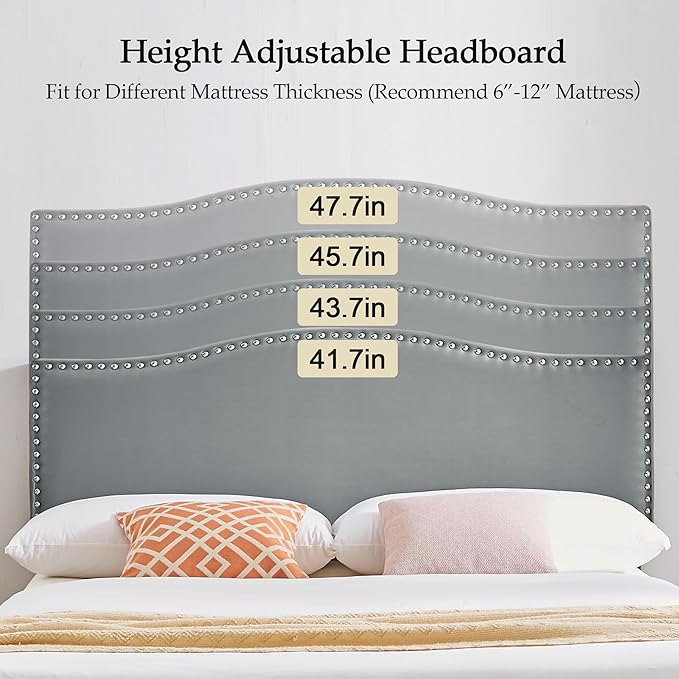 VECELO Full Bed Frame, Platform Bed Frame with Adjustable Height Upholstered Headboard, Heavy-Duty Frame and Strong Wooden Slats Support, Non-Slip and Noise-Free, Easy Assembly, Dark Grey