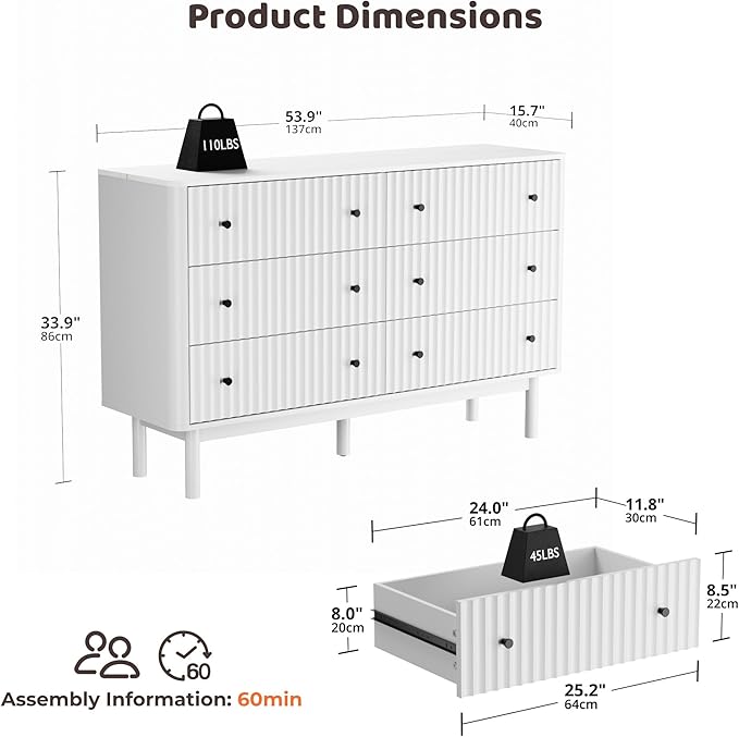 Fluted 6 Drawers Dresser for Bedroom, 54" Wide Modern Chest of Drawers with Faux Marble Top, Curved Profile Design, Solid Wood Legs, Wodden Dresser TV Stand, Storage Organizer for Bedroom, White