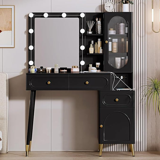 Vanity Desk with Mirror and Lights, with Power Outlet and 10 Lights Modern Capacity Makeup Vanity with 3 Drawers, Makeup Table for Bedroom,Makeup Room,Black