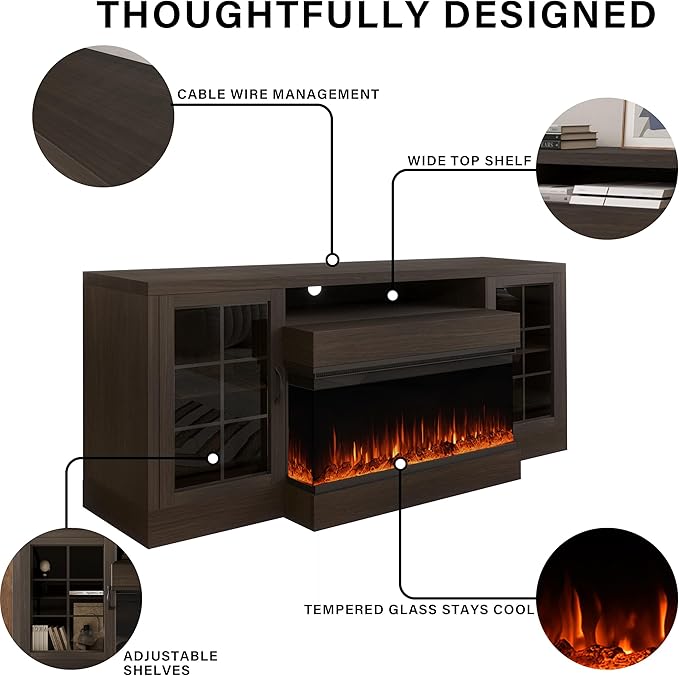 CharaVector 3-Sided Farmhouse TV Stand for TVs up to 75'', Modern TV Console with Glass Door Storage Cabinet, 60'' Large TV Stands for 30''Fireplace, Brown (ONLY TV Stand)