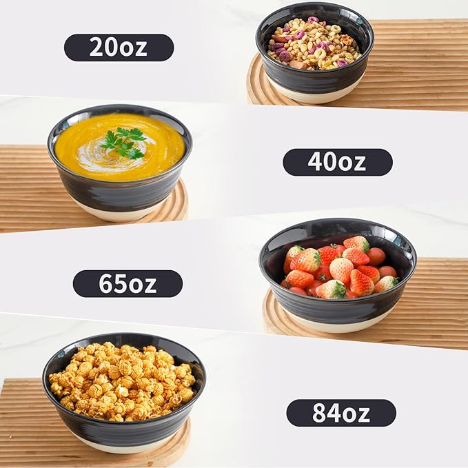 HASENSE Large Ceramic Mixing Bowls, 2.1/1.5/1.0/0.5 Qt Serving Bowls for Kitchen, Nesting Salad Bowls Set for Mixing, Cooking, Baking, Fruit, Side Dishes, Holiday Serving Dishes, Set of 4, Black