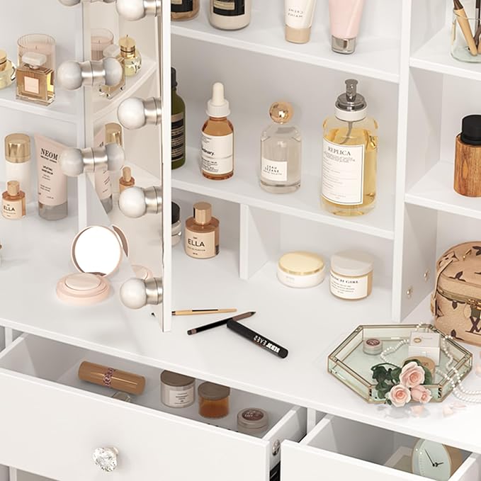 Large Vanity Table, Makeup Vanity with Mirror and Lights, 7 Drawers 8 Open Shelves, Hollywod Vanity Table for Girls and Women,100 * 40 * 140cm, Modern White