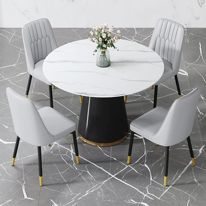 45 Inch Round Dining Table Set for 4, 5 Piece Kitchen Table and Chairs Set, White Faux Marble Table Top, Small Space Dining Set for Apartment or Dining Room
