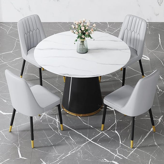 45 Inch Round Dining Table Set for 4, 5 Piece Kitchen Table and Chairs Set, White Faux Marble Table Top, Small Space Dining Set for Apartment or Dining Room