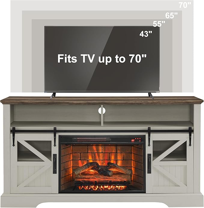 Fireplace TV Stand for 70" TV, Farmhouse Entertainment Center with 26” Fireplace Heater, Auto-Power-Off Door Sensor, TV Console with Sliding Barn Door, Adjustable Shelves, Jasmine White