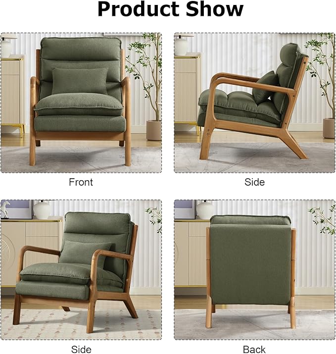 Phoenix Home Accent Chair Mid Century Lounge Chair PU Leather, Upholstered Reading Armchair with Lumbar Pillow & Solid Wood Frame for Office, Living Room Bedroom, Balcony, Green