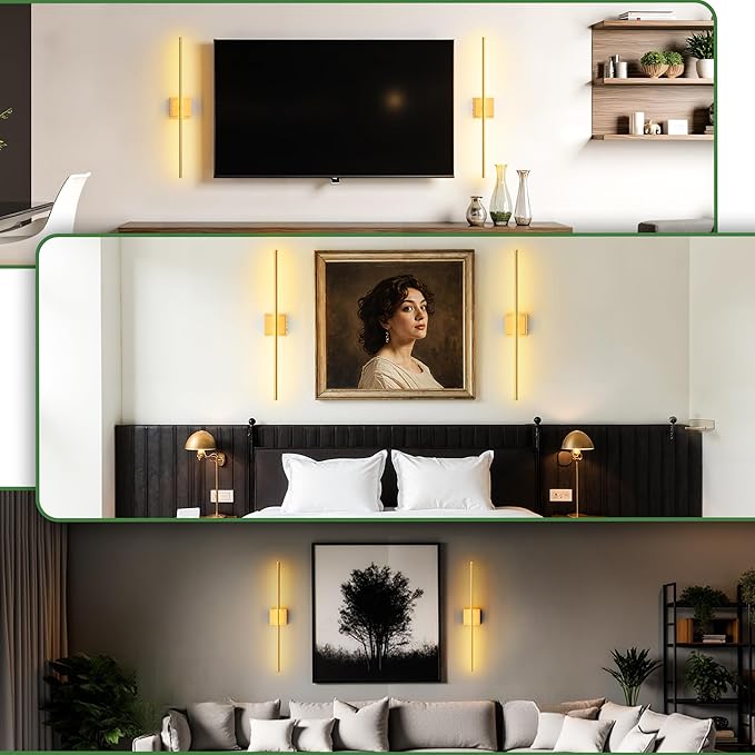 DORESshop Battery Operated Wall Sconces Set of Two with Remote Control, Rechargeable Wall Sconce, 350°Rotate Dimmable Wireless Wall Sconce for Living Room, Hallway, Bedroom, 31.6 Inch, Gold(2 Pack)