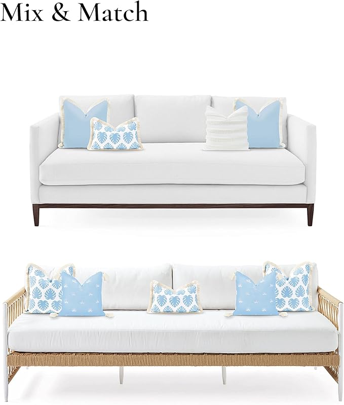 Hofdeco Premium Coastal Hampton Style Patio Indoor Outdoor Lumbar Pillow Cover Only, 12"x20" Water Resistant for Backyard, Couch, Baby Blue Monstera Leaf Fringe