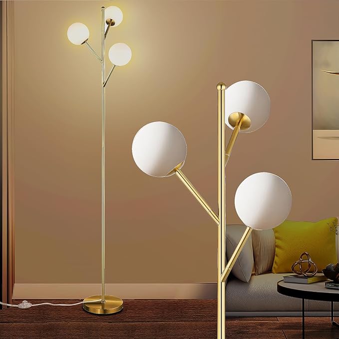 Globe Mid Century Tree Floor Lamp with 3 Light Bulbs,70in Tall Standing Glod Floor Lamp with Frosted Glass Shade for Living Room,Office,Bedroom, Study Room, Hotel, Antique Brass Lighting