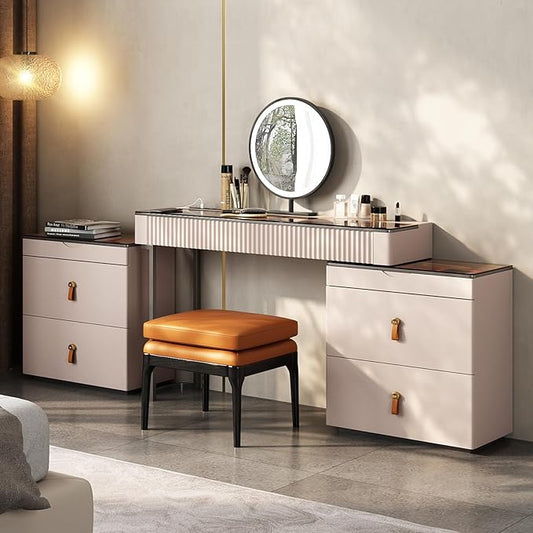 Lartis Makeup Vanity with Stool, Very Easy to Assemble,Retractable TV Cabinet Combination, Dressing Table Desk in one, Super Storage