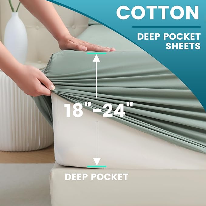 Bedlifes Queen Sheet Set, Extra Deep Pocket 18-24 Inches,1000Thread Count 100% Egyptian Cotton, Soft and Breathable Sateen 4-Piece,Sage Green