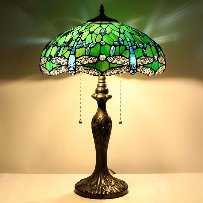 Tiffany Table Lamp Stained Glass Lamp 16X16X24 Inch Antique Reading Light (Green Dragonfly)