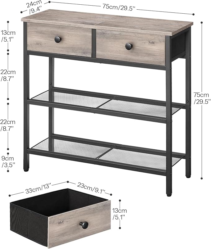 HOOBRO 29.5" Narrow Console Table with 2 Fabric Drawers, Sofa Table, Small Entryway Table with 3-Tier Storage Shelves, Behind Couch Table, for Living Room, Hallway, Greige and Black BG72XG01