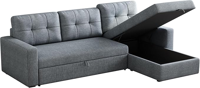 Upholstered Sleeper Sofa, L Shaped Sectional Couch with Reversible Storage, Convertible Corner Lounge Couches w/Pull Out Sofabed for Living Room, Apartment,Light Grey