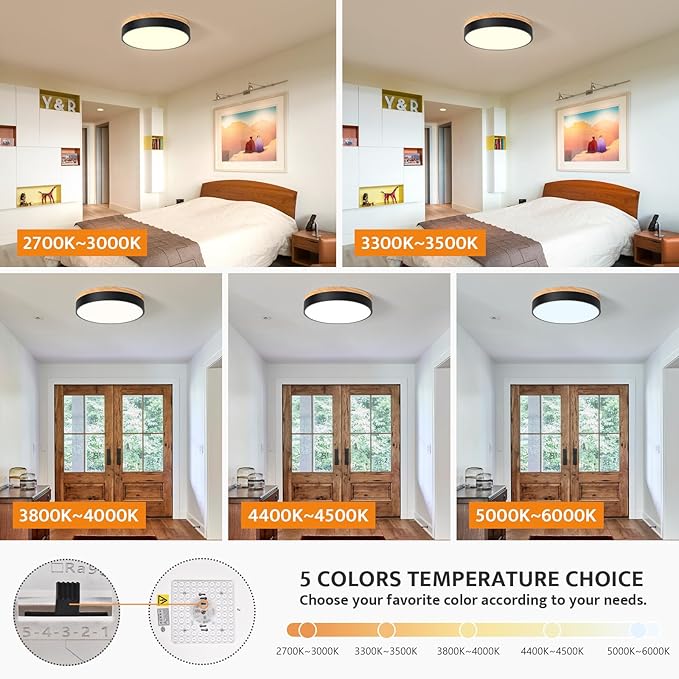 Dimmable Wood LED Flush Mount Ceiling Light, 5CCT 2700K-6000K Modern Black Close to Ceiling Lighting Fixtures, Minimalist Round Ceiling Lamp for Bedroom, Kitchen, Hallway, Laundry Room