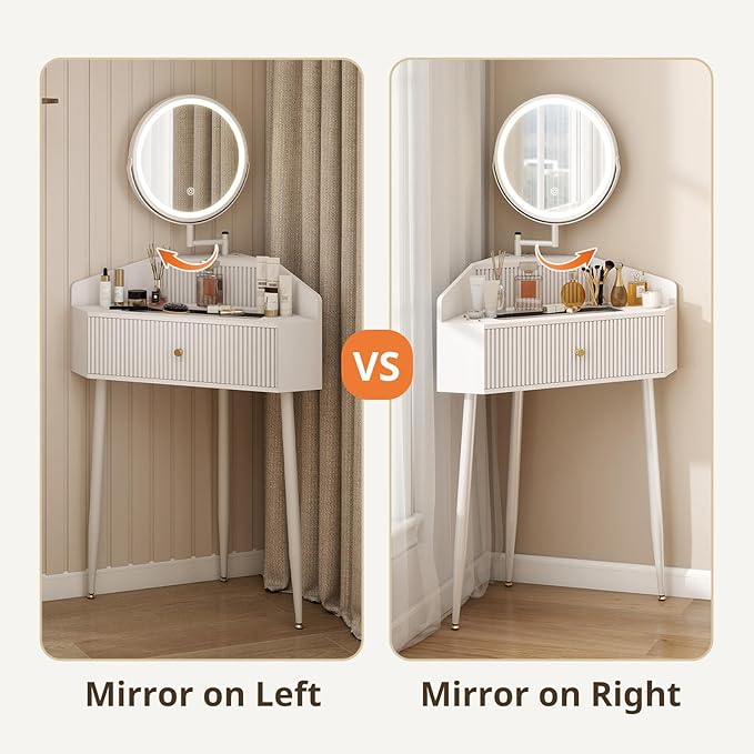 ARTETHYS Corner Vanity Desk with Retractable and Rotating Mirror and Lights Small Modern White Makeup Vanity Set with Glass Top for Women Compact Girls Dressing Table with Storage for Small Space