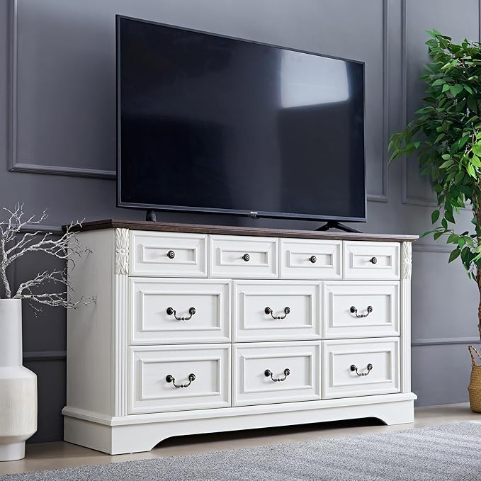 Dresser for Bedroom,Farmhouse 10 Drawers Dresser, 59" Wide Wood Rustic Chest of Drawers with Carved Pilasters, Storage Organizer, Living Room, Hallway, Antique White