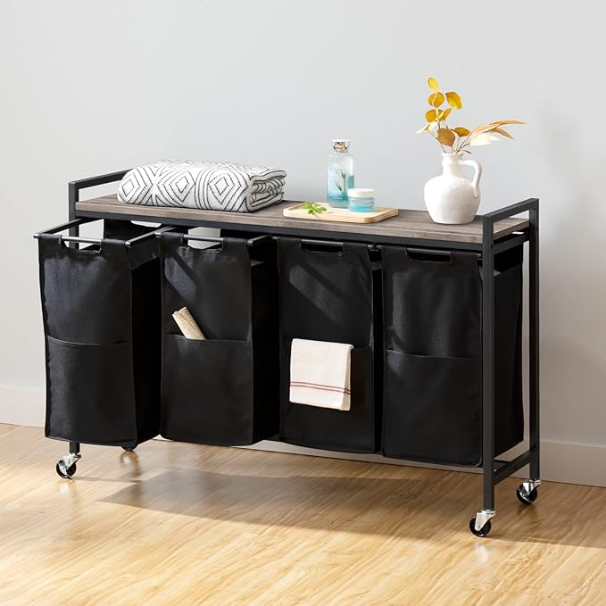 HOOBRO Laundry Sorter 4 Sections, Laundry Hamper with Wheels, 4 × 10.5 Gal (39.8L), Rolling Laundry Basket, Pull-Out and Removable Oxford Fabric Bags, Greige and Black BG04XY01