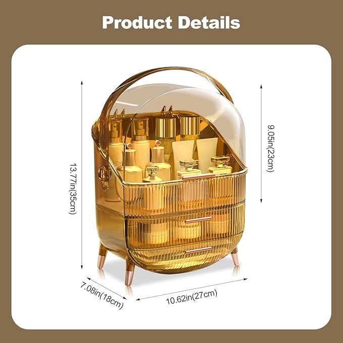 Ergocar Portable Retro Series Multi-Function Make Up Case Dustproof Cosmetic Storage Box,Cosmetics Skin Care Products Jewelry Organizer Case Finishing Box Bathroom Desktop -Amber (X-1)