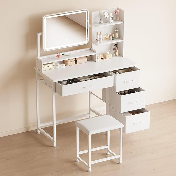 Makeup Vanity Desk with Mirror and Lights, Small Vanity with Fabric Storage Drawer & Chair & Shelves, White Compact Makeup Vanity Set for Bedroom