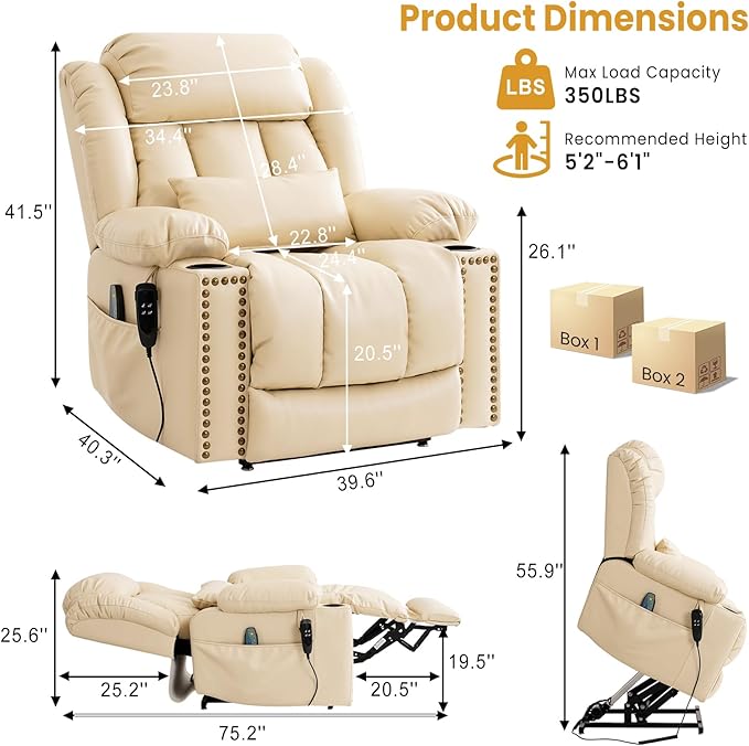PARKOL Large Genuine Infinite Position Leather Power Lay Flat Lift Studded Recliner Chairs for Elderly, Dual Motor with Massage and Heating,Extended Footrest, USB&Type-C Port Remote,Cup Holder, Beige