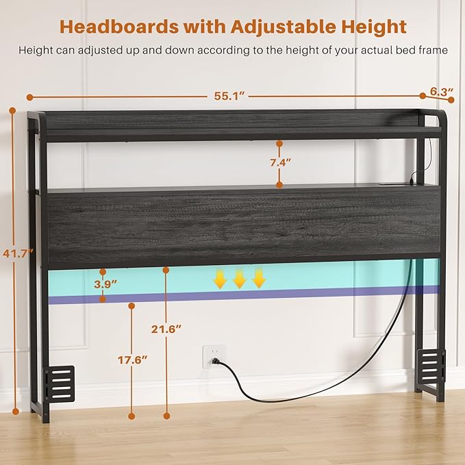 Aheaplus Headboard for Full Size Bed Frame, Headboards with Outlets, USB Ports and LED Light, Head Board with Storage, Height Adjustable, Sturdy and Stable Headboard, Full Size, Black Oak