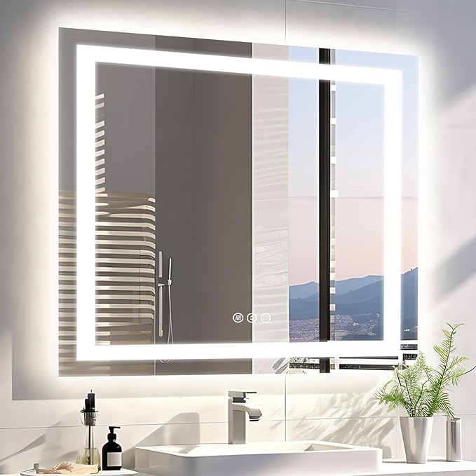 36"x36" Square LED Bathroom Mirror - Front & Backlit, Anti-Fog Vanity Mirror with Stepless Dimmable Lights, 3 Color Smart Mirror (Horizontal/Vertical)