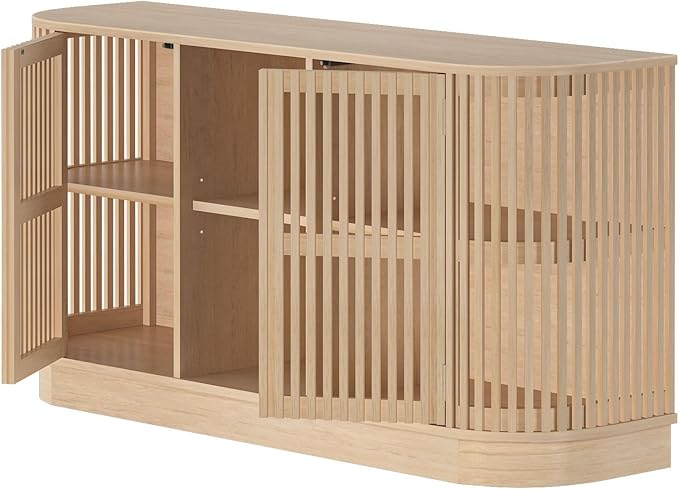 Plank+Beam Contour Wood TV Stand, Two Door Solid Wood Entertainment Console with Storage, 59" L x 16" W x 30" H, Blonde