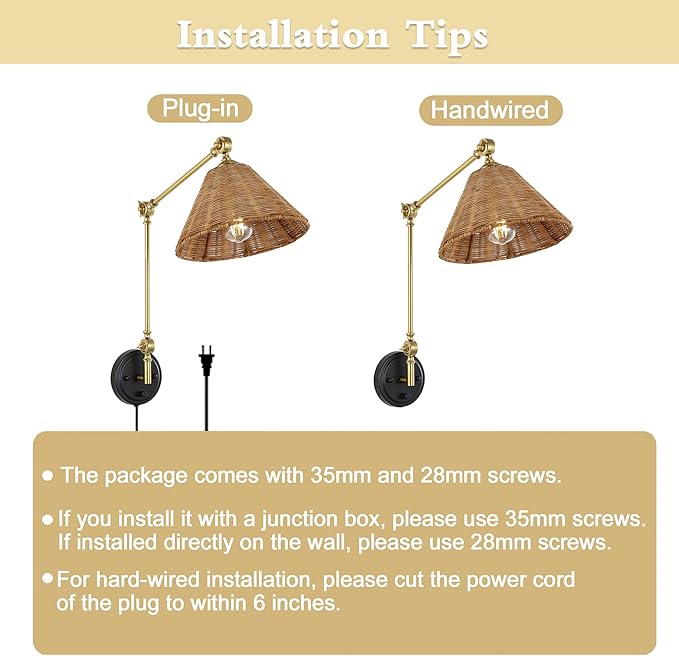 WINGBO Wall Sconce Rattan Wrapped Wall Lamp, Adjustable Swing Arm Wall Light Foldable Gold Light Fixture Vintage Bedside Light Wicker Handmade Shade Reading Light Plug in or Hardwire Gold/Black