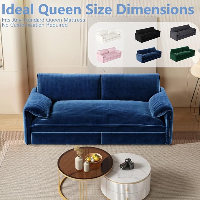 66-Inch Queen Size Convertible Sleeper Sofa Bed, 3-in-1 Pull-Out Futon Loveseat, Velvet Love Seat Couch with Side Pocket for Living Room, Office, Apartment, RV, Hide-A-Bed Fold Out Sofa&Couch