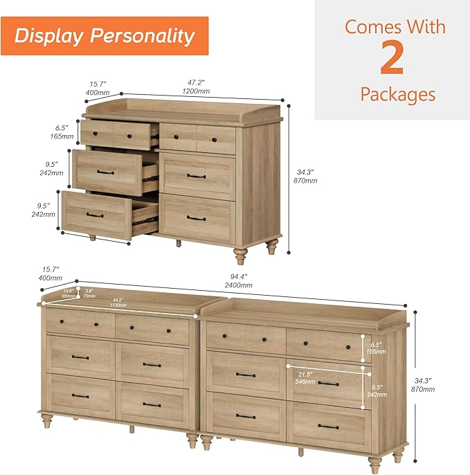 WAMPAT 12 Drawers Dresser for Bedroom, Set of 2 Farmhouse Dressers with 6 Drawers, Light Wood Kids Dresser for Closet, Wide Dressers Organizer for Living Room & Hallway, Oak