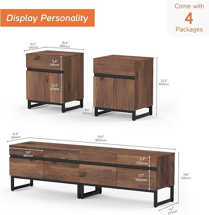 WAMPAT TV Stand and End Table Set of 3, Living Room Table Sets, 70 Inch TV Stand and 2 End Table Set with Drawers for Living Room, Entertainment Center, Console TV Table,Brown