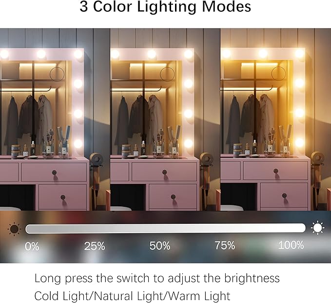 11 Drawers Vanity Desk, Makeup Vanity with Power Outlet, Glass Top, Vanity with Mirror and Light, 3 Color Option, Brightness Adjustable, Dressing Table for Bedroom