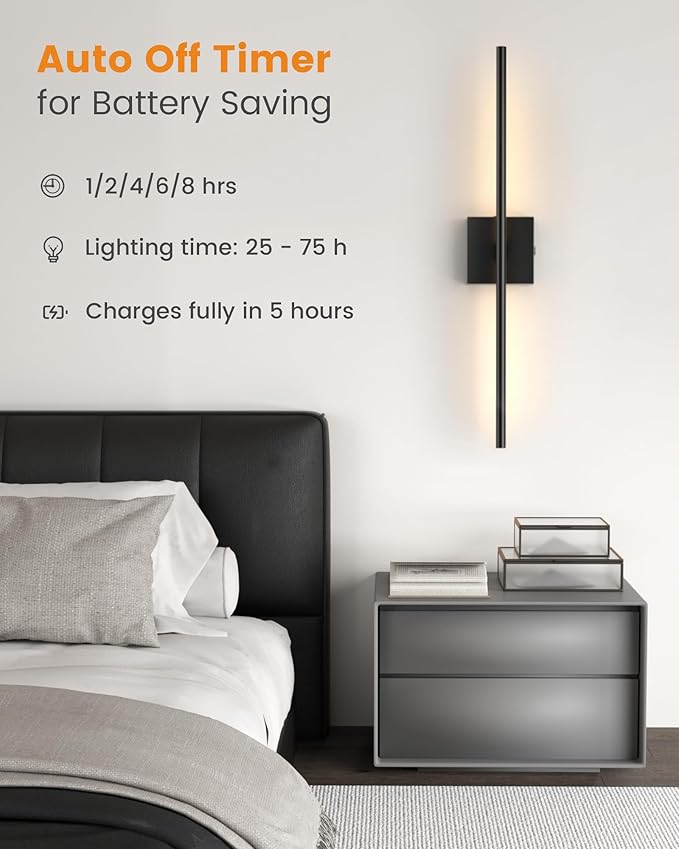 VOLISUN Battery Operated Wall Sconce Set of Two, Black Rechargeable Wall Lights with Remote Control, 3000K-6500K Dimmable Wall Lamp, 27.6 Inch LED Wireless Wall Lights for Bedroom, Living Room,Hallway