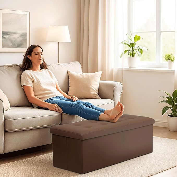 Storage Ottoman Bench, 43 Inch Ottoman Foot Rest, End of Bed Bench, Storage Chest, Load 700 lb, for Living Room, Bedroom, Entryway, Brown